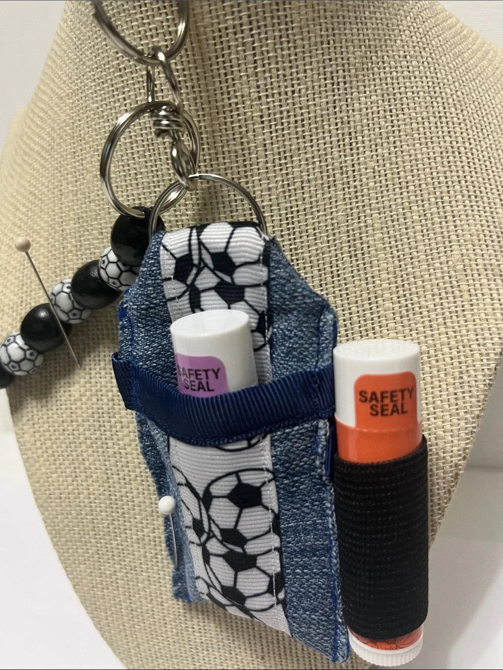 Handmade Soccer Print Lip Balm Keychain Holder in Blue
